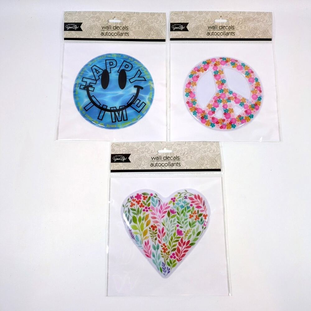 Lot of 3 Decorate Your Life Wall Decals - Happy Time, Peace Sign, Floral Heart